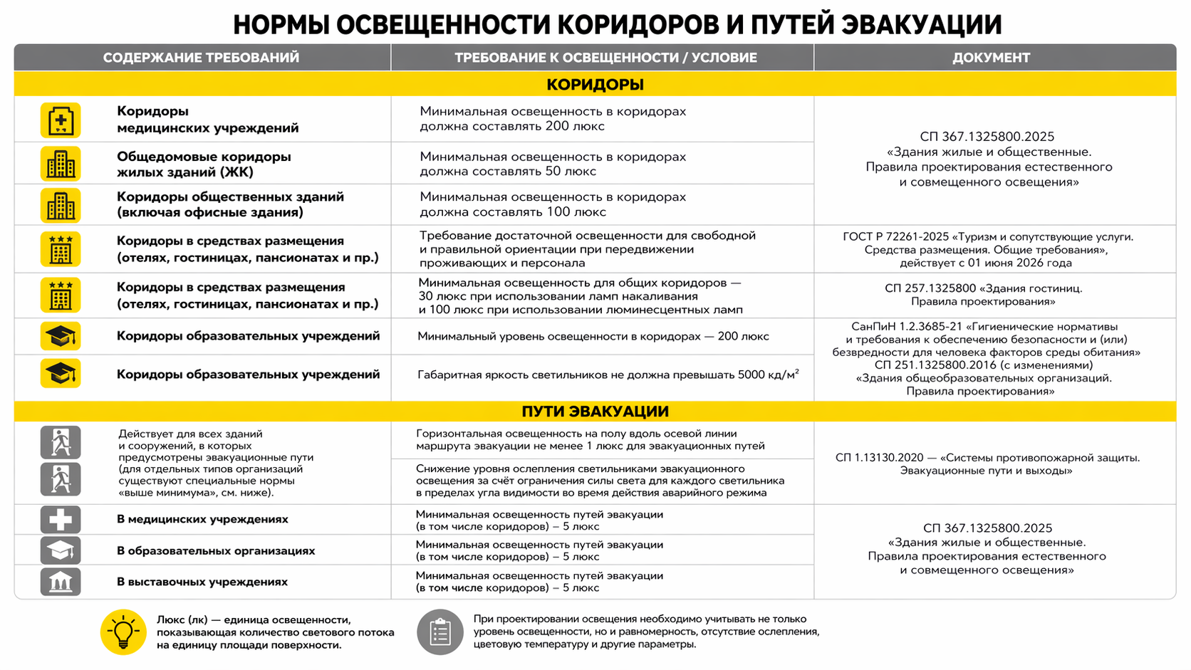 Нормы освещенности коридоров